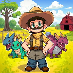 A detailed illustration of a monster trainer wearing a farmer's hat