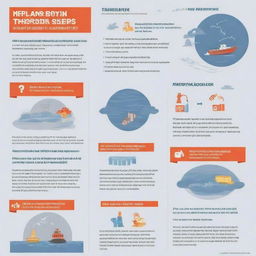 An informative infographic highlighting key preparation steps before a typhoon and important actions to take after a typhoon. Include safety advice, resources, and visuals representing the severe weather conditions.