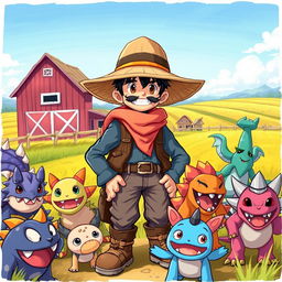 A detailed illustration of a monster trainer wearing a farmer's hat