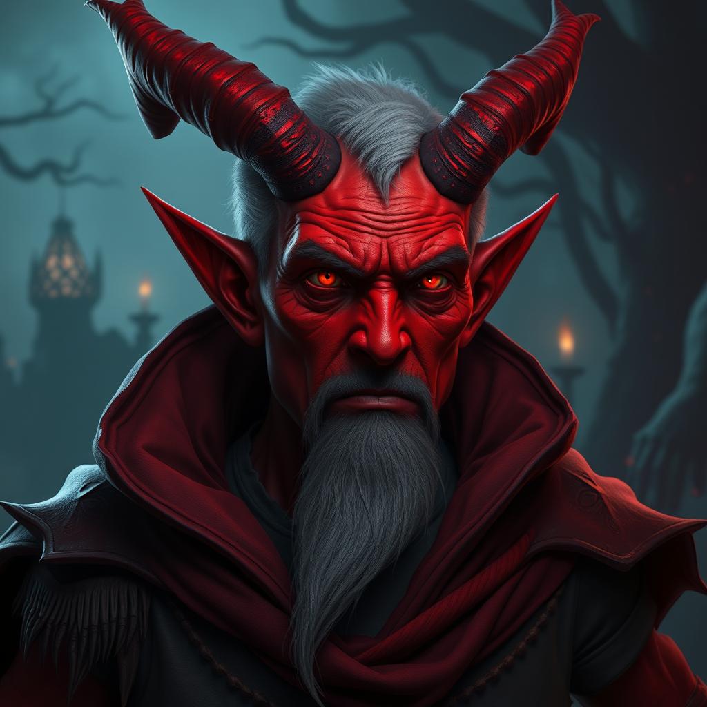 Create a half-demon character who is slightly older, around 30 years old, with red skin