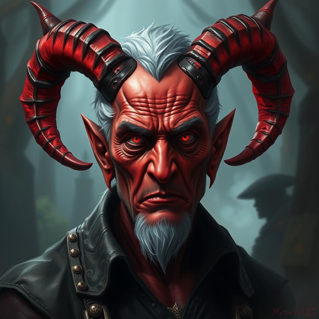 Create a half-demon character who is slightly older, around 30 years old, with red skin