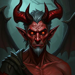 Create a half-demon character who is slightly older, around 30 years old, with red skin