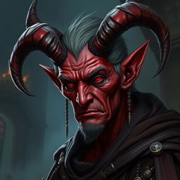 Create a half-demon character who is slightly older, around 30 years old, with red skin