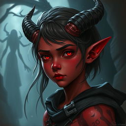 Create a young half-demon character who is 20 years old with red skin