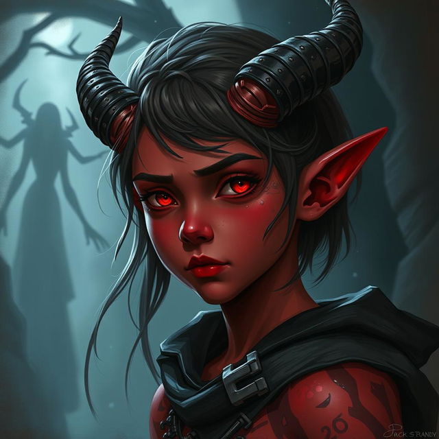 Create a young half-demon character who is 20 years old with red skin