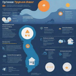 An informative infographic highlighting key preparation steps before a typhoon and important actions to take after a typhoon. Include safety advice, resources, and visuals representing the severe weather conditions.