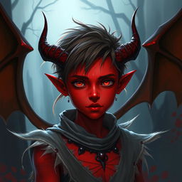 Create a young half-demon character who is 20 years old with red skin