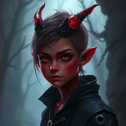 Create a young half-demon character who is 20 years old with red skin