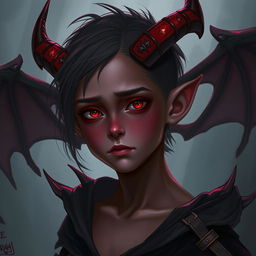 Create a young half-demon character who is 20 years old with red skin