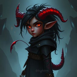 Create a Tiefling character from Dungeons and Dragons who is 20 years old