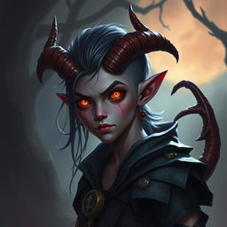 Create a Tiefling character from Dungeons and Dragons who is 20 years old