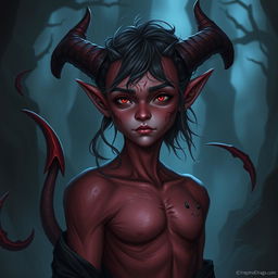 Create a Tiefling character from Dungeons and Dragons who is 20 years old