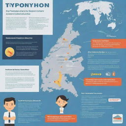 An informative infographic highlighting key preparation steps before a typhoon and important actions to take after a typhoon. Include safety advice, resources, and visuals representing the severe weather conditions.