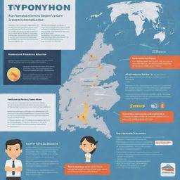 An informative infographic highlighting key preparation steps before a typhoon and important actions to take after a typhoon. Include safety advice, resources, and visuals representing the severe weather conditions.