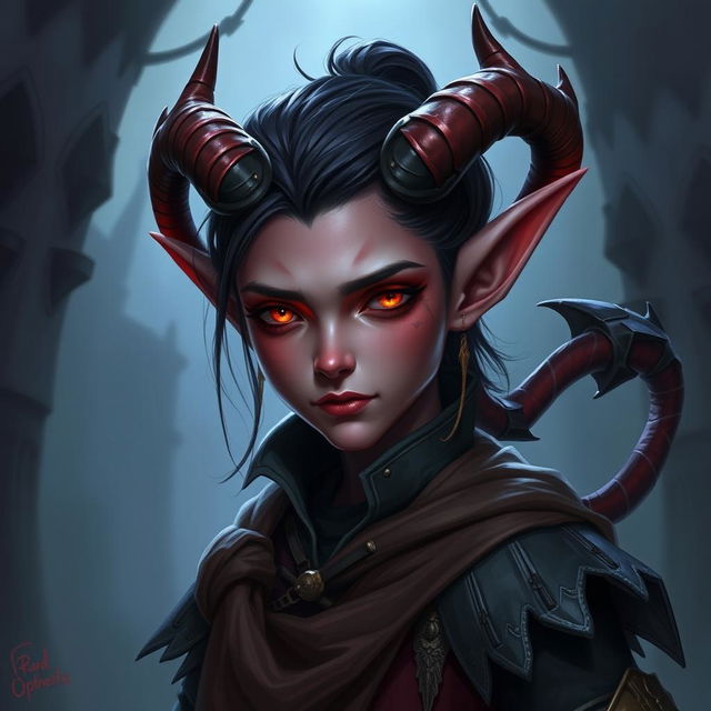 Create a Tiefling character from Dungeons and Dragons who is 20 years old