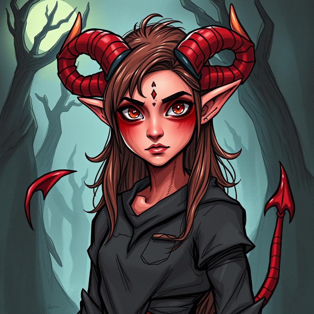 Create a Tiefling character from Dungeons and Dragons who is 25 years old, drawn in a hand-drawn art style