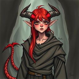 Create a Tiefling character from Dungeons and Dragons who is 25 years old, drawn in a hand-drawn art style