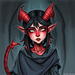 Create a Tiefling character from Dungeons and Dragons who is 25 years old, drawn in a hand-drawn art style