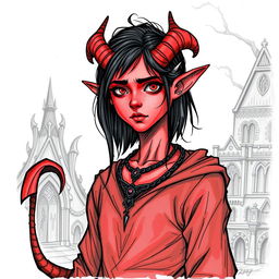 Create a Tiefling character from Dungeons and Dragons who is 25 years old, drawn in a hand-drawn art style