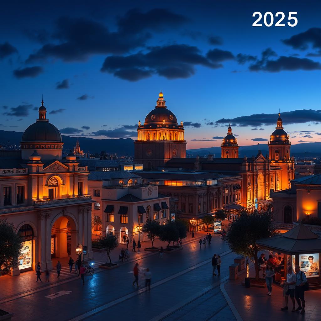 A realistic 4K image of Santa Fe at 9 PM in the year 2025