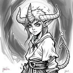 Create a Tiefling character from Dungeons and Dragons who is 25 years old, drawn in a hand-drawn art style without color