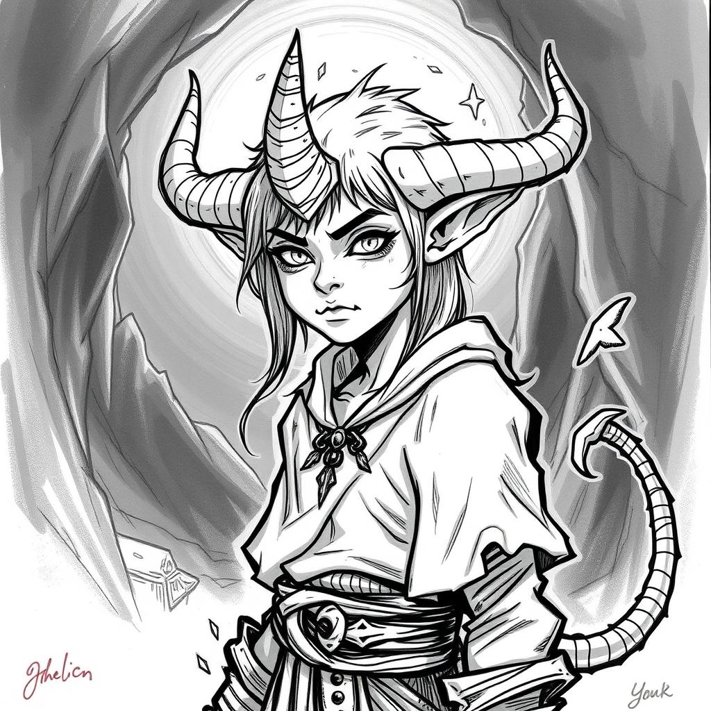 Create a Tiefling character from Dungeons and Dragons who is 25 years old, drawn in a hand-drawn art style without color