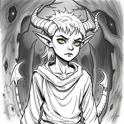 Create a Tiefling character from Dungeons and Dragons who is 25 years old, drawn in a hand-drawn art style without color