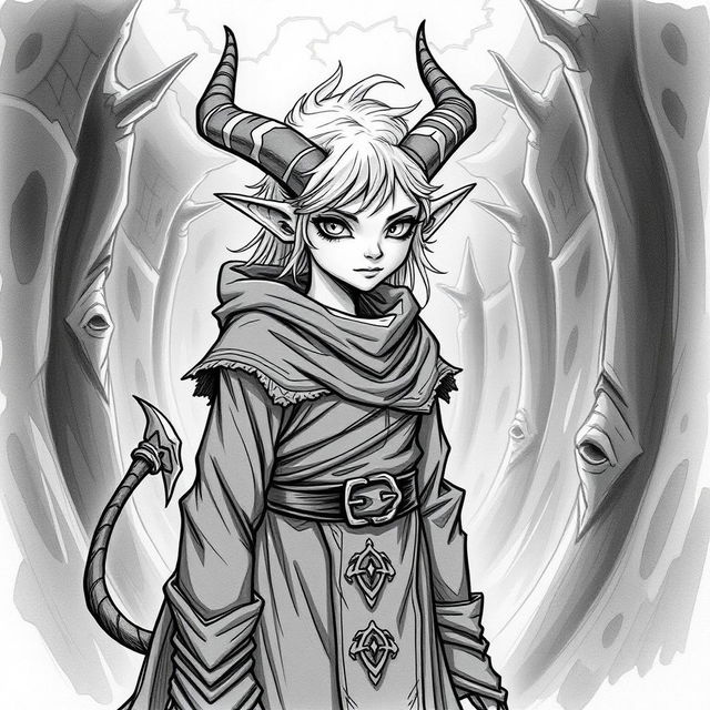 Create a Tiefling character from Dungeons and Dragons who is 25 years old, drawn in a hand-drawn art style without color