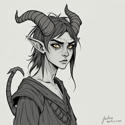 Create a Tiefling character from Dungeons and Dragons who is 25 years old, drawn in a hand-drawn art style without color