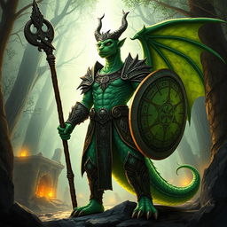 A mighty green Dragonborn cleric, standing tall with a staff in one hand and a shield in the other