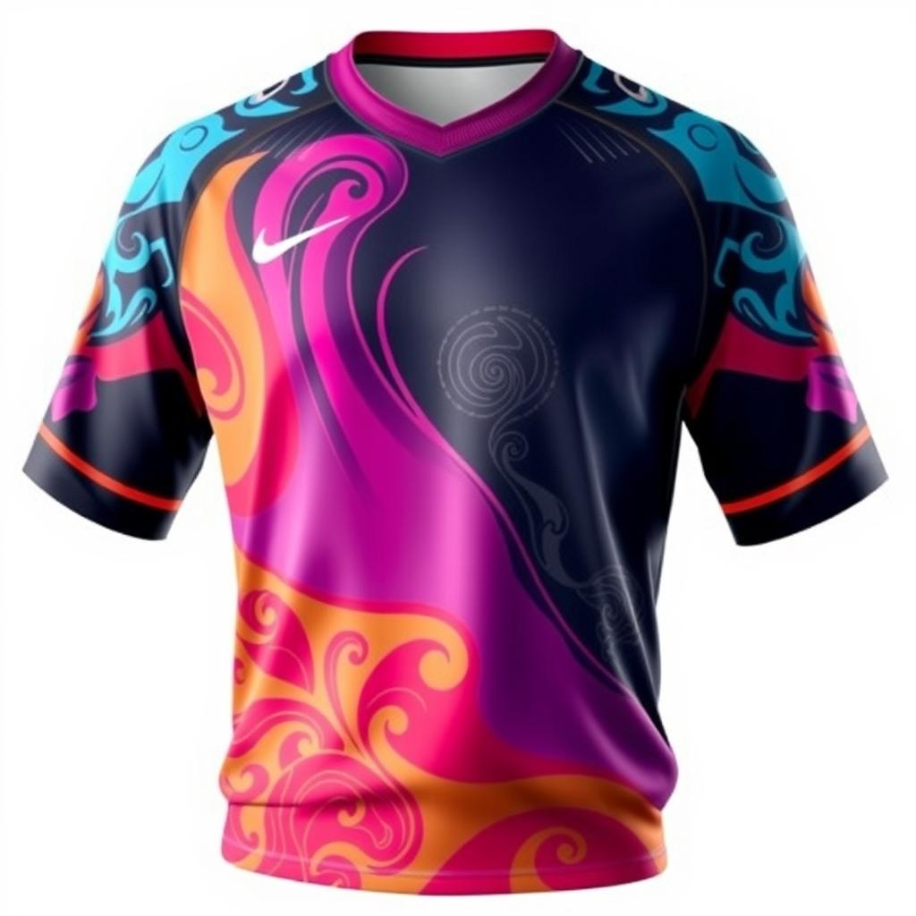 A detailed and vibrant image of a sports jersey, showcasing intricate designs and patterns