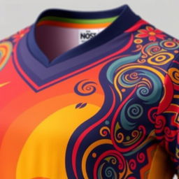 A detailed and vibrant image of a sports jersey, showcasing intricate designs and patterns