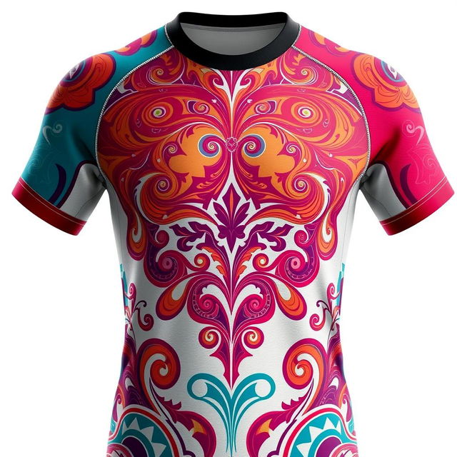 A detailed and vibrant image of a sports jersey, showcasing intricate designs and patterns