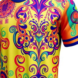 A detailed and vibrant image of a sports jersey, showcasing intricate designs and patterns