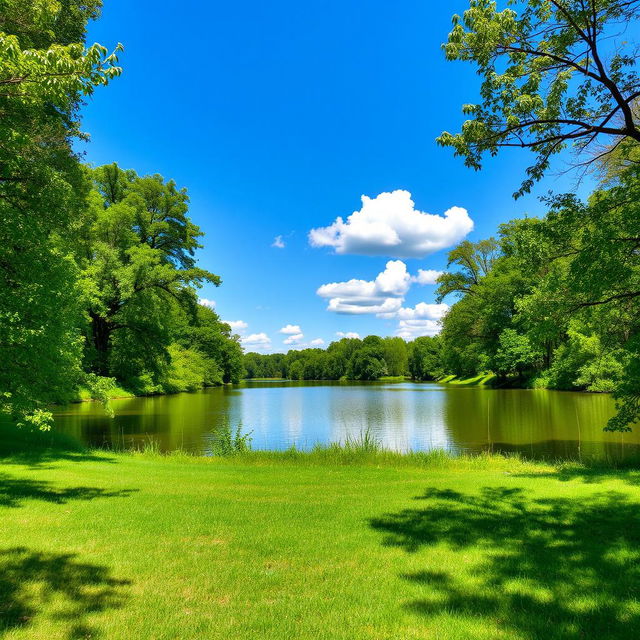 A beautiful landscape featuring a serene lake surrounded by lush green trees, with a clear blue sky and a few fluffy white clouds