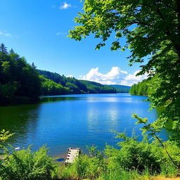 A beautiful landscape featuring a serene lake surrounded by lush green trees, with a clear blue sky and a few fluffy white clouds