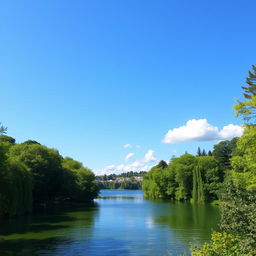 A beautiful landscape featuring a serene lake surrounded by lush green trees, with a clear blue sky and a few fluffy white clouds