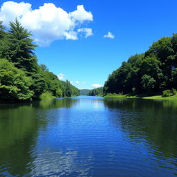 A beautiful landscape featuring a serene lake surrounded by lush green trees, with a clear blue sky and a few fluffy white clouds