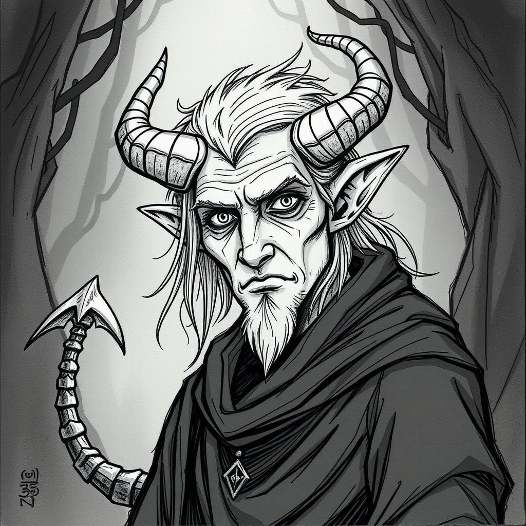 Create a Tiefling character from Dungeons and Dragons who is 35 years old, drawn in a hand-drawn art style without color