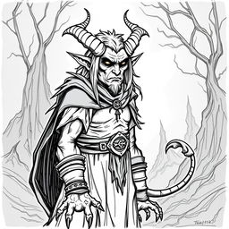 Create a Tiefling character from Dungeons and Dragons who is 35 years old, drawn in a hand-drawn art style without color