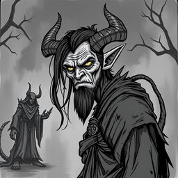 Create a Tiefling character from Dungeons and Dragons who is 35 years old, drawn in a hand-drawn art style without color