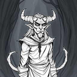 Create a Tiefling character from Dungeons and Dragons who is 35 years old, drawn in a hand-drawn art style without color