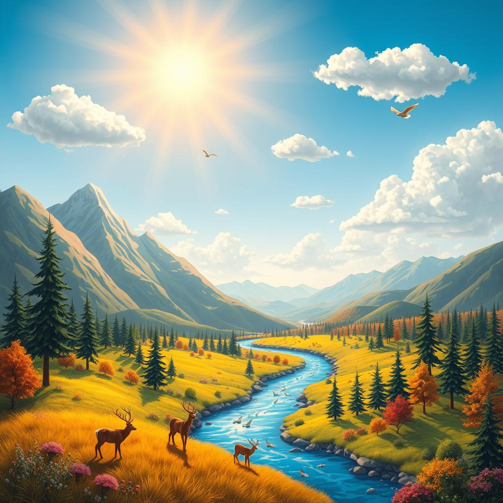 A vibrant and colorful scene featuring a beautiful landscape with mountains, a river, and a forest