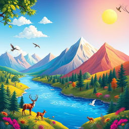 A vibrant and colorful scene featuring a beautiful landscape with mountains, a river, and a forest