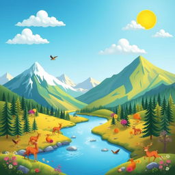 A vibrant and colorful scene featuring a beautiful landscape with mountains, a river, and a forest