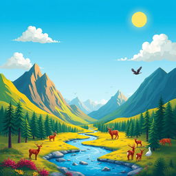 A vibrant and colorful scene featuring a beautiful landscape with mountains, a river, and a forest