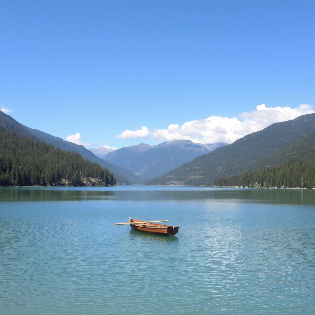 A serene landscape featuring a calm lake surrounded by lush forests and mountains in the background, with a clear blue sky and a few fluffy clouds