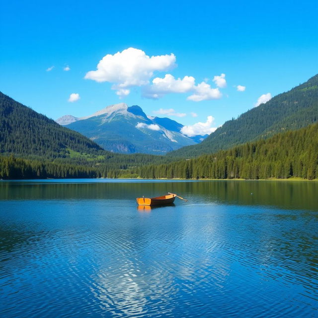 A serene landscape featuring a calm lake surrounded by lush forests and mountains in the background, with a clear blue sky and a few fluffy clouds