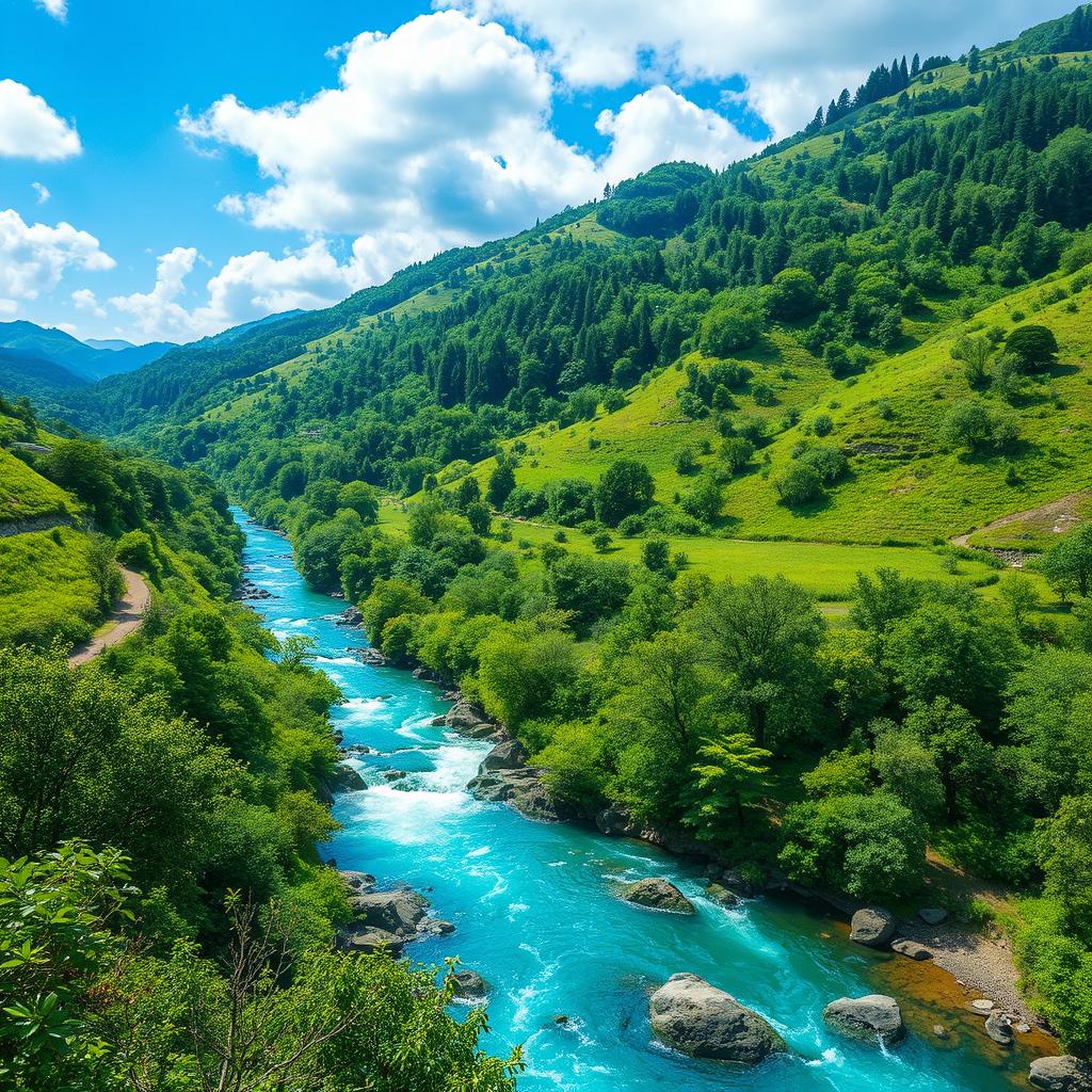 Create a vibrant and captivating image that showcases a beautiful landscape with lush greenery, flowing rivers, and a clear blue sky