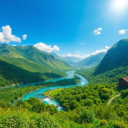 Create a vibrant and captivating image that showcases a beautiful landscape with lush greenery, flowing rivers, and a clear blue sky